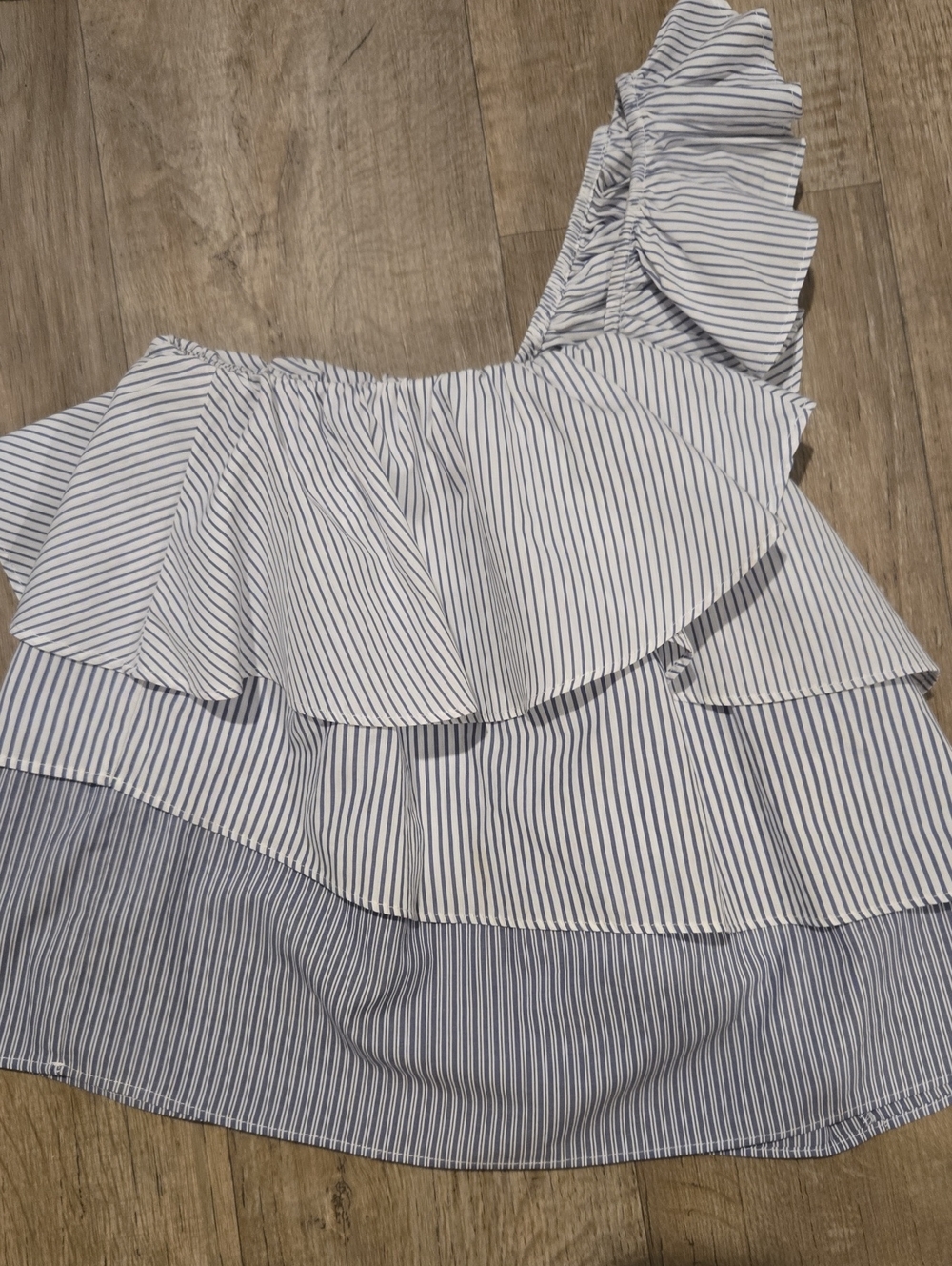 Versona White and Navy Striped One-Shoulder Ruffle Top